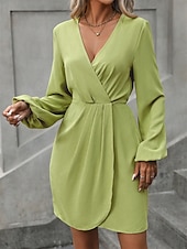 preiswerte abendkleider-Damen Arbeitskleidung Semi formelles Kleid Wickelkleid Elegant winterkleider damen B¨¹ro Täglich Minikleid Rüschen V Ausschnitt Langarm Glatt Regular Fit Grün Herbst Winter S M L XL