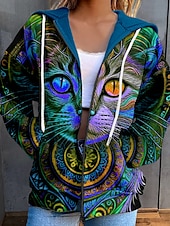abordables Sudadera-Sudadera con capucha y cremallera para mujer, sudadera deportiva informal con estampado de gato, cordón, cremallera, ropa deportiva divertida, sudadera con capucha de manga larga, microelástica,