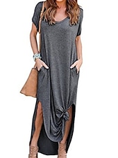 preiswerte T Shirt-Kleider-Damen Casual kleid kleid lang Baumwolle Tasche Gespleisst Verabredung Maxi Basic V Ausschnitt Kurzarm Schwarz Weiß Rosa Farbe