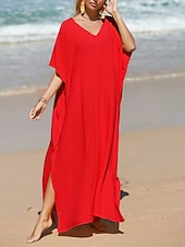 abordables Robes décontractées blanches-robe blanche Robe casual Robe d&#039;été Femme robe longue Fendu Rendez-vous Vacances Plage Maxi basique Col V Demi Manches Ample Noir Blanche Jaune Taille unique