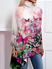 ieftine tricou floral-Tricou de femei fashion imprimeu cu fluturi fustă asimetrică cu mânecă lungă tops lungi guler înalt casual galben roz albastru primăvară și toamnă