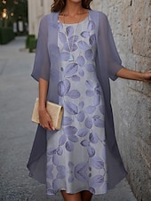 abordables Robe Fleurie-Robe de graduation pour femmes Robe midi Ensemble de robes Deux pièces Robe d&#039;invitée Cocktail Imprimé floral Chiffon Décontractée Mode Élégante Moderne Printemps Col rond À manches courtes