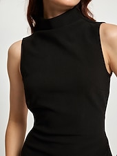 ieftine rochie midi neagra-rochie neagra dama rochie fara maneci cu crapatura inalta rochie de petrecere midi cu gat inalt
