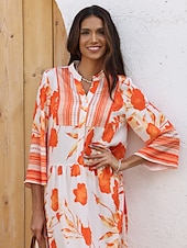 economico Abiti floreali-Per donna Abito da festa Largo Maxi in Raso Abito maxi Arancione Maniche a 3/4 Fiori e Piante Fiori / Piante Stampa Primavera Primavera ed Estate Scollo a V Collo alla coreana Vestiti Abito da vacanza