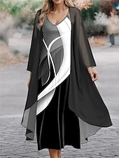 cheap Dress Sets-Women&#039;s Dress Set Casual Dress Chiffon Dress Swing Dress Fashion Streetwear Floral Geometric Print Long Dress Maxi Dress Long Sleeve V Neck Outdoor Vacation Black Blue Green Spring Regular Fit