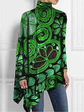 abordables T-shirt Boho-Camiseta de mujer de moda floral impresión dobladillo asimétrico de manga larga largos tops cuello alto casual vacaciones rojo azul verde primavera y otoño