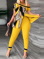 abordables Ensembles deux pièces-Femme Mode Chemise Ensembles de pantalons Pantalon Manche Courte Une Epaule Léopard Imprimer Casual Quotidien Jaune Rouge Bleu Printemps été Standard