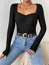 お買い得  レディースセクシートップス-Tシャツ アイレットトップ 女性用 ブラック ホワイト 平織り レーストリム 日常 ファッション スクエアネック スリム S