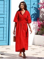 cheap Casual Dress-Women&#039;s Linen Cotton Shirt Maxi Dress Red Casual Collared Button-Down Loose Fit Puff Sleeve Belted