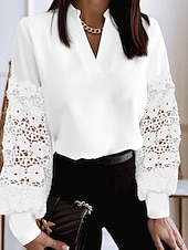 billiga Dressiga toppar-dam spetsskjorta blus eyelet topp vit spetsskjorta elegant färgblock spets patchwork puffärm långärmad v-ringad ledig denim blå svart vit khaki höst