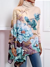 billige Blomster t-skjorte-Dame T-skjorte Mote Blomster Print Asymmetrisk Kant Langermet Vanlige Topper Høy Hals Casual Ferie Rosa Blå Grønn Khaki Vår  Høst