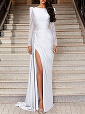 cheap PURPLE-Mermaid Evening Gown Elegant Dress Wedding Guest Black Tie Sweep / Brush Train Long Sleeve Jewel Neck Satin with Ruched Slit Masquerade Dress