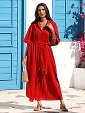cheap Casual Dress-Women&#039;s Linen Cotton Shirt Maxi Dress Red Casual Collared Button-Down Loose Fit Puff Sleeve Belted