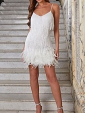 billiga Paljettklänningar-Dam Mini klänning Klänning med paljetter Fransklänning Festklänning Fjäderklänning party Semester Bröllopsgäst Gåva Normal Slät Ärmlös Smala axelband Vit Rodnande Rosa Rubinrött Mörkgrön Sommar Vår