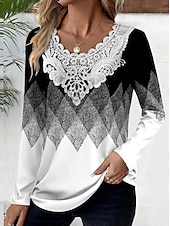 ieftine topuri tunică-Bluză tunică pentru femei modă imprimeu abstract cu fluturi dantelă mânecă lungă topuri obișnuite gât rotund casual negru alb albastru khaki gri primăvară și toamnă