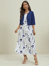 preiswerte Blumenkleid-Damen Midi Kleid Zweiteiliges Kleid Set Freizeitkleid Druck Kleid Alltag Urlaub Mode Elegant Taschenprint Rundhals Halbärmel Floral Regular Fit Schwarz Marineblau Grün Sommer Frühling S M L XL XXL