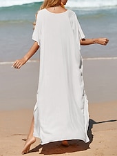 abordables Robes décontractées blanches-robe blanche Robe casual Robe d&#039;été Femme robe longue Fendu Rendez-vous Vacances Plage Maxi basique Col V Demi Manches Ample Noir Blanche Jaune Taille unique