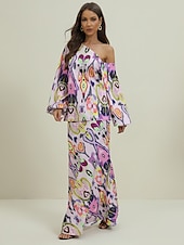 tanie Bluzki damskie garniturowe-Damskie Zestaw sukienek Codzienne sukienki Sukienka ołówkowa Sukienka z nadrukiem Moda Moda miejska Graficzny Abstrakcja Nadruk Sukienka maxi Długi rękaw Na jedno ramię Na zewnątrz Urlop Czerwony