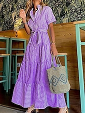 abordables Robes-chemises-robe chemise femme robe décontractée rayure lacets volants col chemise robe longue robe maxi vacances manches courtes été printemps
