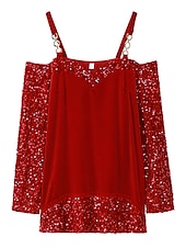 cheap Women&#039;s Dressy Tops-Women&#039;s T Shirt Sparkly Festival / Holiday Long Sleeve V Neck Regular Tops Party Weekend Sequins Black Red Blue Purple Spring &amp;  Fall