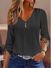 economico Top in Pizzo-maglietta Occhiello in alto Top eleganti Per donna Nero Bianco Rosa Liscio Pulsante Informale Di tendenza A V Standard S