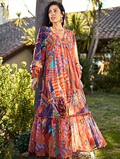 baratos vestido casual estampado-vestido maxi com estampa floral e decote em V