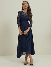 abordables Robe de cocktail-Femme Robe dentelle Robe de bal robe soirée Mousseline de soie Dentelle Patchwork Col Ras du Cou Manches 3/4 Robe mi-longue Formel robe hiver bleu marine Printemps Hiver