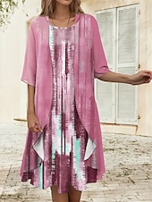 cheap Art&amp;Design Dress-Women&#039;s Graduation Dress Midi Dress Two Piece Dress Set Casual Dress Chiffon Dress Print Dress Fashion Modern Print Print Half Sleeve Crew Neck Outdoor Holiday Pink Blue Purple Spring Loose Fit