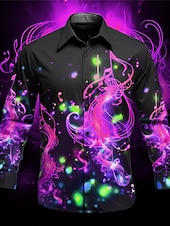 abordables Modèle 3D-Homme Notes de Musique Chemise Chemise Boutonnée manche longue Artistique Tenue quotidienne Sortir Automne &amp; Hiver Col Rabattu Imprimé Boutonné Jaune Rouge Violet
