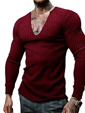 economico magliette di base-Per uomo Maglietta Maglietta a Maglia Camicia a Maniche Lunghe Manica Lunga Scollo a V Primavera &amp; Autunno Semplice Striscia di Fossa Moda Designer Essenziale Vacanza Streetwear Uscire Vinaccia Nero