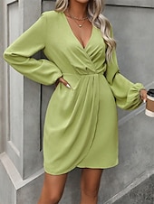 preiswerte abendkleider-Damen Arbeitskleidung Semi formelles Kleid Wickelkleid Elegant winterkleider damen B¨¹ro Täglich Minikleid Rüschen V Ausschnitt Langarm Glatt Regular Fit Grün Herbst Winter S M L XL