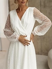 economico Abiti bianchi-Little White Dresses da spiaggia abiti da sposa A-Line scollo a V maniche lunghe lunghezza al tè abiti da sposa con paillettes colore solido 2025