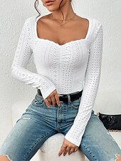 お買い得  レディースセクシートップス-Tシャツ アイレットトップ 女性用 ブラック ホワイト 平織り レーストリム 日常 ファッション スクエアネック スリム S