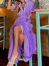 abordables Robes-chemises-robe chemise femme robe décontractée rayure lacets volants col chemise robe longue robe maxi vacances manches courtes été printemps