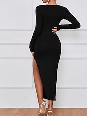 ieftine rochie midi neagra-Pentru femei Rochie neagra Rochie de bal Rochie de petrecere Crăpătură Eliminat În V Manșon Lung Rochii Midi Rochie de iarnă Invitat la nunta Oficial Negru Roșu-aprins Vară Primăvară