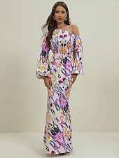 tanie Bluzki damskie garniturowe-Damskie Zestaw sukienek Codzienne sukienki Sukienka ołówkowa Sukienka z nadrukiem Moda Moda miejska Graficzny Abstrakcja Nadruk Sukienka maxi Długi rękaw Na jedno ramię Na zewnątrz Urlop Czerwony