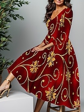 preiswerte Blumenkleid-Neujahr Damen Midi Kleid A-Linien Kleid Winter Kleid Swing Kleid Semi-Formal Kleid Mode Streetwear Modern Formal Outdoor Party Reguläre Passform Floral Schneeflocke 3/4 Länge Ärmel V-Ausschnitt