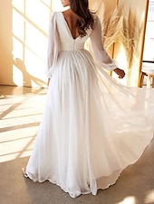 economico abiti da sposa casual-Ricevimento di matrimonio in spiaggia piccoli abiti bianchi abiti da sposa A-Line scollo a V maniche lunghe lunghezza a terra abiti da sposa in chiffon con arricciature 2025
