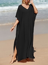 abordables Robes décontractées blanches-robe blanche Robe casual Robe d&#039;été Femme robe longue Fendu Rendez-vous Vacances Plage Maxi basique Col V Demi Manches Ample Noir Blanche Jaune Taille unique