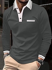 preiswerte Klassisches Poloshirt für Herren-Herren Poloshirt Polos mit Knöpfen Casual Sport Kargen Langarm Modisch Basic Farbblock Taste Tasche Frühling &amp; Herbst Regular Fit Marineblau Wein Dunkelgrau Hellgrau Poloshirt