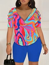 abordables Ensembles deux pièces-Femme Chemise Ensembles de shorts Graphic Zippé Découpé Casual Quotidien Mode Manche Courte Col V Noir Eté