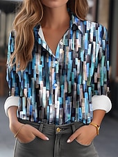 economico Top d&#039;Arte e Design per Donne-Camicia da donna Moda Color Block Bottoni Stampa Maniche Lunghe Top Regolari Collo Camicia Casual Rossa Blu Reale Blu Verde Primavera  Autunno