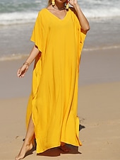 abordables Robes décontractées blanches-robe blanche Robe casual Robe d&#039;été Femme robe longue Fendu Rendez-vous Vacances Plage Maxi basique Col V Demi Manches Ample Noir Blanche Jaune Taille unique