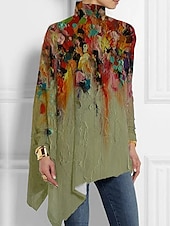 billiga Boho t-shirt-Dam T-shirt Lång ärm Mode Blommig Tryck Asymmetrisk Nederkant Lång Ärmar Höga Halsar Avslappnad Semester Blå Grön Grå Vår  Höst Förhöst