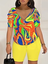abordables Ensembles deux pièces-Femme Chemise Ensembles de shorts Graphic Zippé Découpé Casual Quotidien Mode Manche Courte Col V Noir Eté