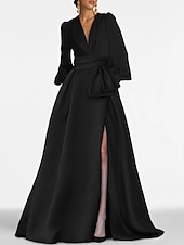 economico viola-Abito da sera A-Line elegante abito formale strascico lungo maniche lunghe scollo a V satin con plissettature e strappo per ospiti di matrimoni