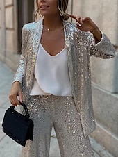 cheap Blazers &amp; Suits-Women&#039;s Blazer Formal Sequin Plain Comfortable Fashion Loose Fit Outerwear Long Sleeve Spring Black S