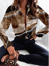 voordelige Vrouwen&#039;s Kunst &amp; Design Tops-Dames Shirt Mode Abstract Knopen Print Lange Mouw Regular Tops Shirtkraag Casual Roze Blauw Bruin Groen Grijs Lente  Herfst