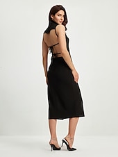 ieftine rochie midi neagra-rochie neagra dama rochie fara maneci cu crapatura inalta rochie de petrecere midi cu gat inalt