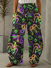 abordables pierna ancha y cintura alta-Mujer Pantalones Casual / Diario Longitud total Alta cintura Graphic Bolsillos laterales Perneras anchas Estampado Transpirabilidad Cómodo Microelástico Fin de semana Ropa de calle Negro Morado Verde